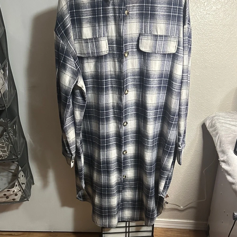 Blue Grey and White Plaid Button-Up Shirt Dress NWOT